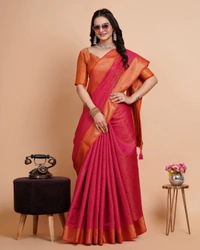 FWVLS RICH CONTRAST BANARASI JAQUARD SILK SAREE - Hot Pink (Check Sequins)