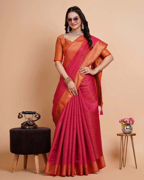 FWVLS RICH CONTRAST BANARASI JAQUARD SILK SAREE - Hot Pink (Check Sequins)