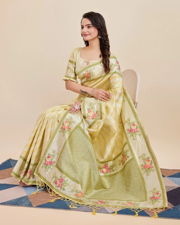 FWVLS BANARASI JAQUARD JARI THREAD SILK SAREE WITH BLOUSE PIECE - Light Lemon
