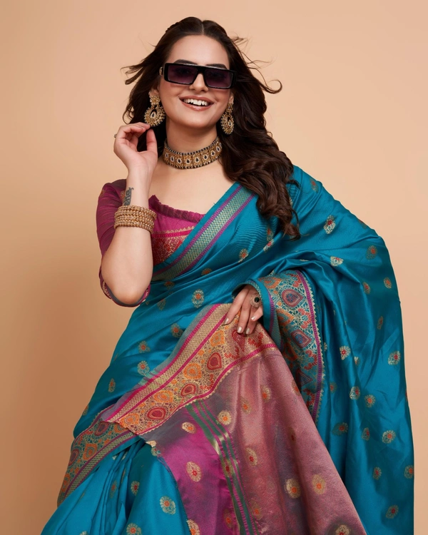 FWVLS BANARASI JAQUARD SILK SAREE WITH RICH RICH CONTRAST PALLU - Ocean Blue