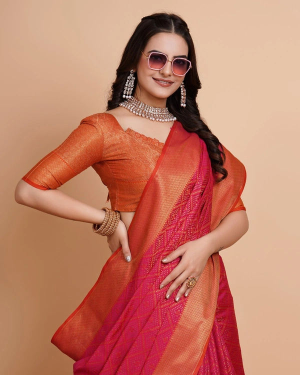 FWVLS RICH CONTRAST BANARASI JAQUARD SILK SAREE - Hot Pink (Check Sequins)