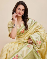 FWVLS BANARASI JAQUARD JARI THREAD SILK SAREE WITH BLOUSE PIECE - Light Lemon