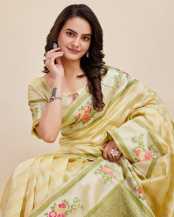 FWVLS BANARASI JAQUARD JARI THREAD SILK SAREE WITH BLOUSE PIECE - Light Lemon