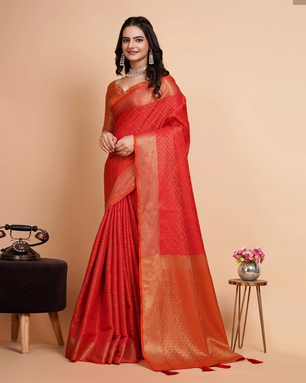 FWVLS RICH CONTRAST BANARASI JAQUARD SILK SAREE - Orange Red (Check Sequins)