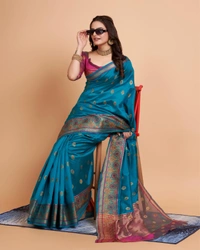 FWVLS BANARASI JAQUARD SILK SAREE WITH RICH RICH CONTRAST PALLU - Ocean Blue