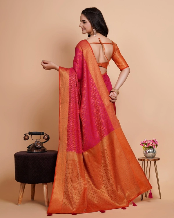 FWVLS RICH CONTRAST BANARASI JAQUARD SILK SAREE - Hot Pink (Check Sequins)