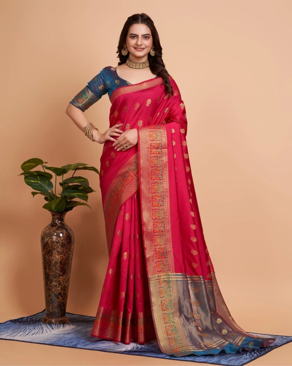 FWVLS BANARASI JAQUARD SILK SAREE WITH RICH RICH CONTRAST PALLU - Pinkish Red