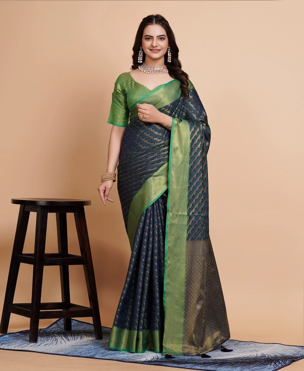 FWVLS RICH CONTRAST BANARASI JAQUARD SILK SAREE - Blue Dianne (Line Sequins)