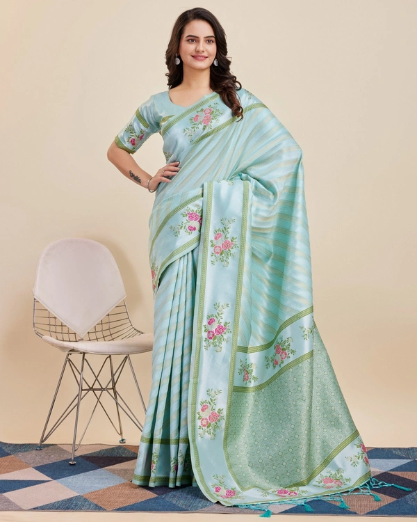 FWVLS BANARASI JAQUARD JARI THREAD SILK SAREE WITH BLOUSE PIECE - Aqua
