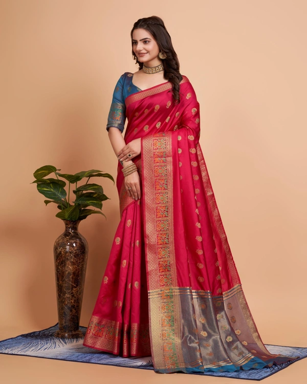 FWVLS BANARASI JAQUARD SILK SAREE WITH RICH RICH CONTRAST PALLU - Pinkish Red