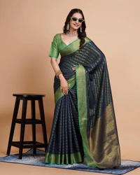 FWVLS RICH CONTRAST BANARASI JAQUARD SILK SAREE - Blue Dianne (Line Sequins)