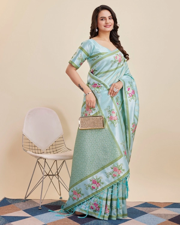 FWVLS BANARASI JAQUARD JARI THREAD SILK SAREE WITH BLOUSE PIECE - Aqua