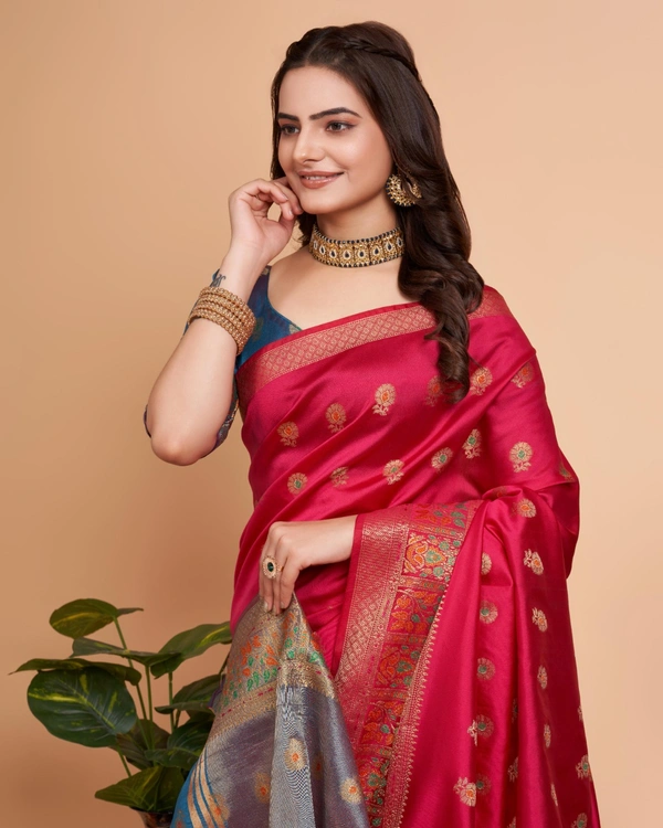 FWVLS BANARASI JAQUARD SILK SAREE WITH RICH RICH CONTRAST PALLU - Pinkish Red