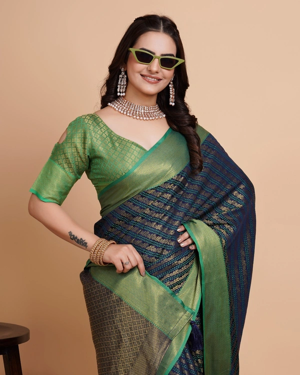 FWVLS RICH CONTRAST BANARASI JAQUARD SILK SAREE - Blue Dianne (Line Sequins)
