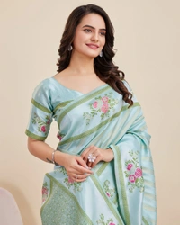 FWVLS BANARASI JAQUARD JARI THREAD SILK SAREE WITH BLOUSE PIECE - Aqua