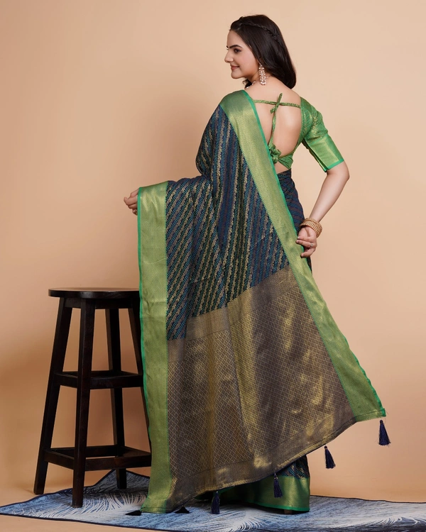FWVLS RICH CONTRAST BANARASI JAQUARD SILK SAREE - Blue Dianne (Line Sequins)
