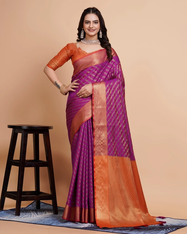 FWVLS RICH CONTRAST BANARASI JAQUARD SILK SAREE - Purple (Line Sequins)