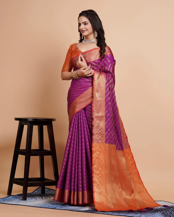 FWVLS RICH CONTRAST BANARASI JAQUARD SILK SAREE - Purple (Line Sequins)