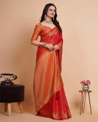 FWVLS RICH CONTRAST BANARASI JAQUARD SILK SAREE - Orange Red (Check Sequins)