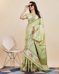 FWVLS BANARASI JAQUARD JARI THREAD SILK SAREE WITH BLOUSE PIECE - Light Green