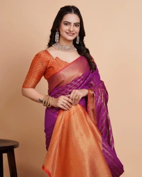 FWVLS RICH CONTRAST BANARASI JAQUARD SILK SAREE - Purple (Line Sequins)