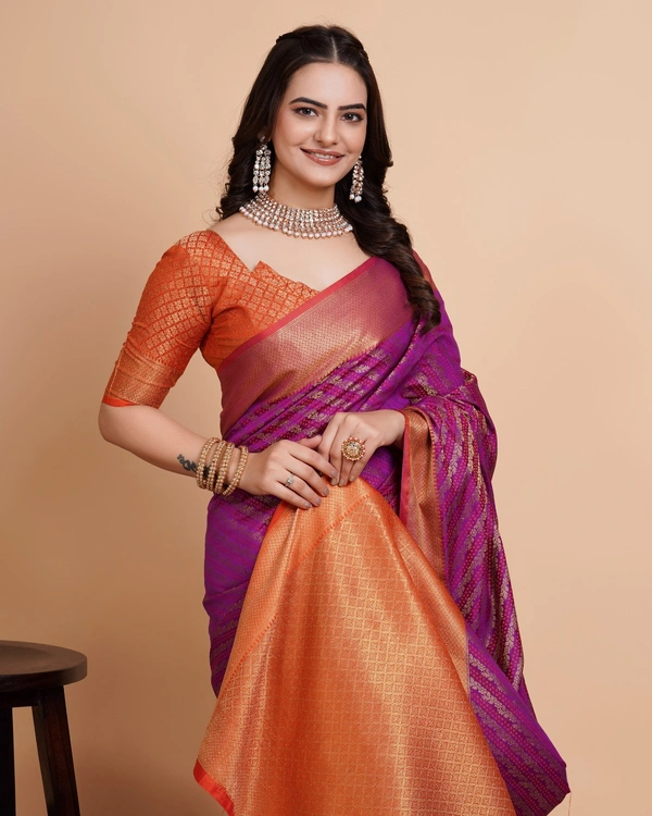 FWVLS RICH CONTRAST BANARASI JAQUARD SILK SAREE - Purple (Line Sequins)