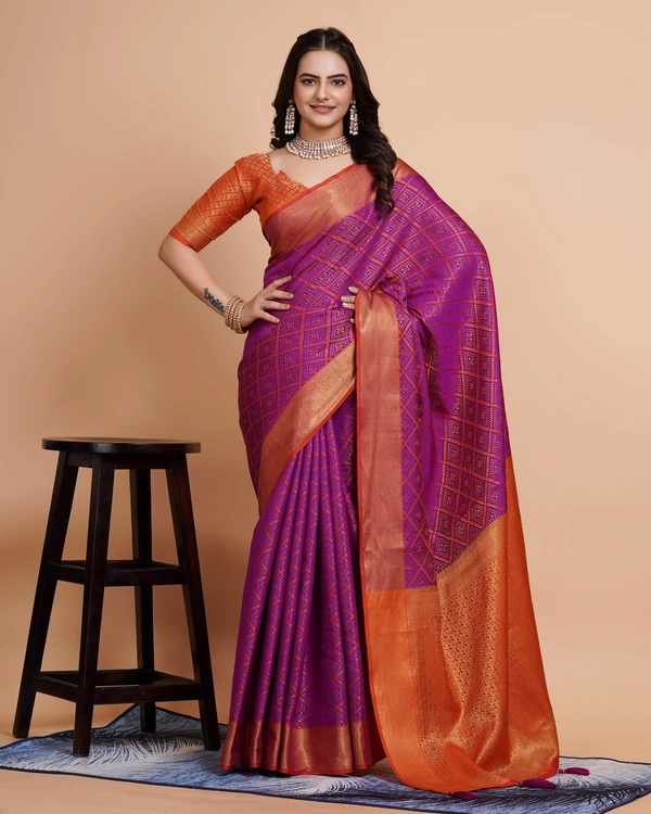 FWVLS RICH CONTRAST BANARASI JAQUARD SILK SAREE - Purple (Check Sequins)
