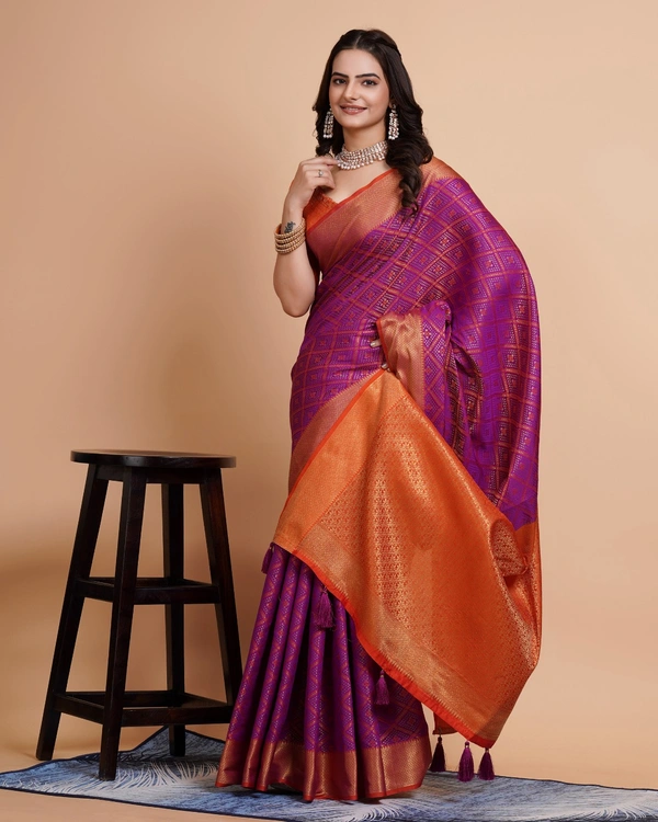 FWVLS RICH CONTRAST BANARASI JAQUARD SILK SAREE - Purple (Check Sequins)