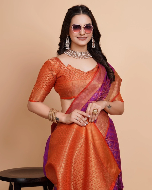FWVLS RICH CONTRAST BANARASI JAQUARD SILK SAREE - Purple (Check Sequins)