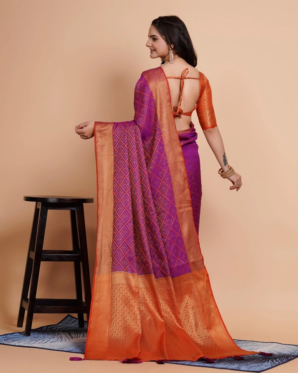 FWVLS RICH CONTRAST BANARASI JAQUARD SILK SAREE - Purple (Check Sequins)