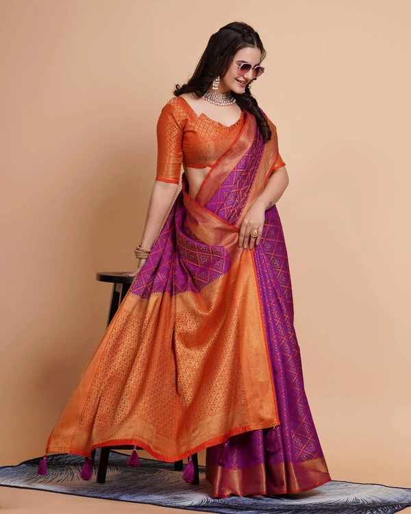 FWVLS RICH CONTRAST BANARASI JAQUARD SILK SAREE - Purple (Check Sequins)