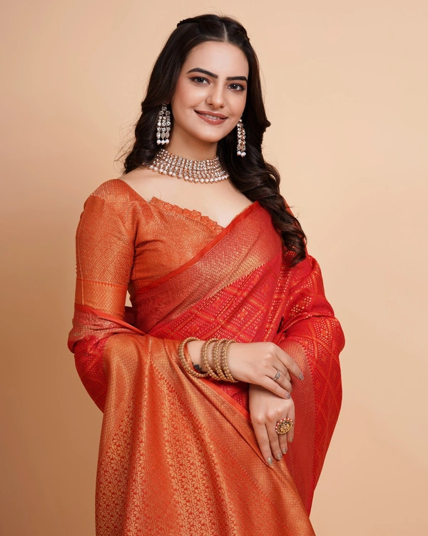 FWVLS RICH CONTRAST BANARASI JAQUARD SILK SAREE - Orange Red (Check Sequins)