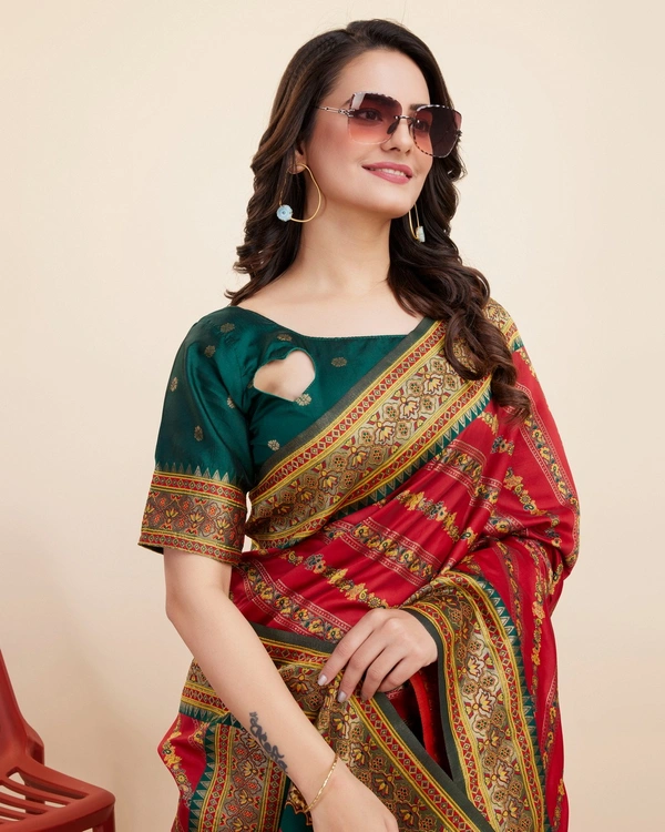 FWVLS BEAUTIFUL COTTON SILK RICH JAQUARD WORK SAREE WITH BLOUSE PIECE - Red