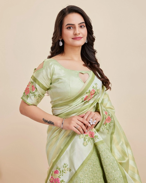 FWVLS BANARASI JAQUARD JARI THREAD SILK SAREE WITH BLOUSE PIECE - Light Green