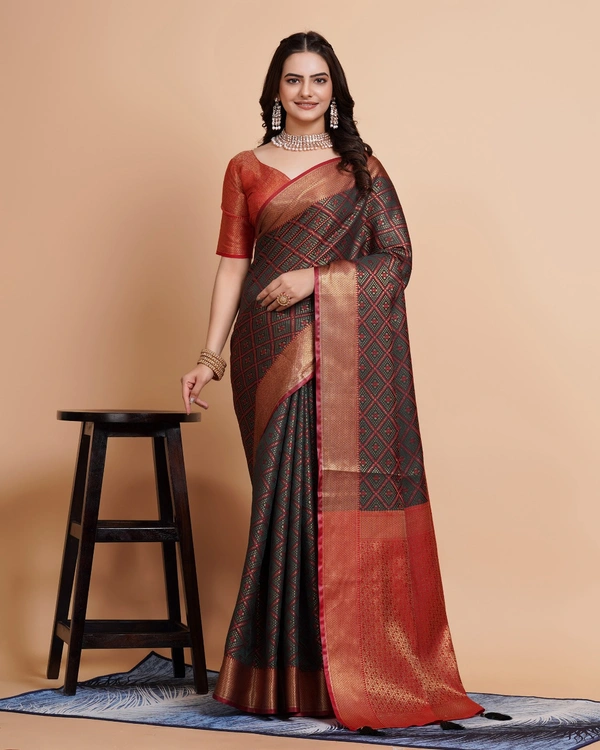 FWVLS RICH CONTRAST BANARASI JAQUARD SILK SAREE - Blue Charcoal (Check Sequins)