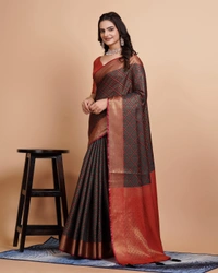 FWVLS RICH CONTRAST BANARASI JAQUARD SILK SAREE - Blue Charcoal (Check Sequins)