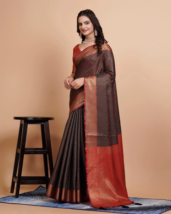 FWVLS RICH CONTRAST BANARASI JAQUARD SILK SAREE - Blue Charcoal (Check Sequins)
