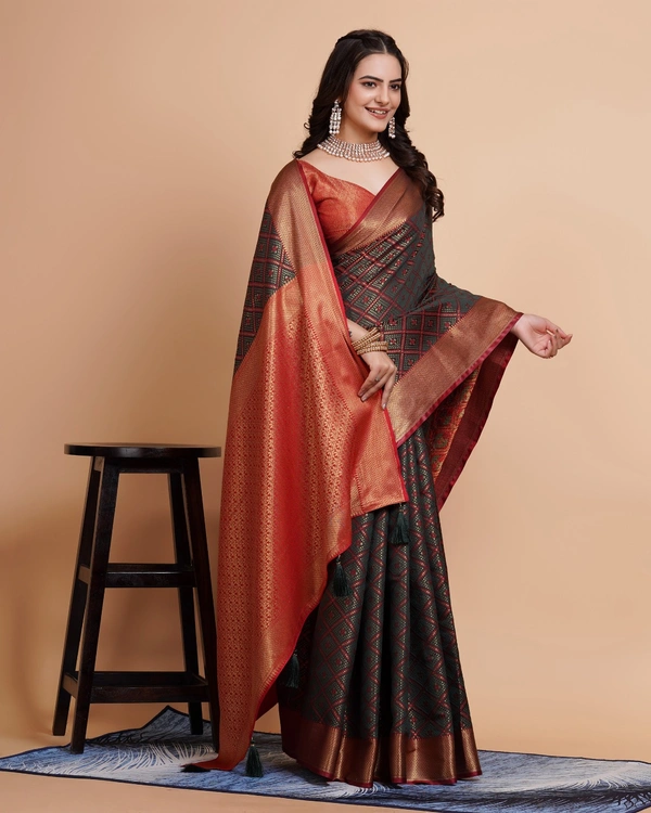 FWVLS RICH CONTRAST BANARASI JAQUARD SILK SAREE - Blue Charcoal (Check Sequins)