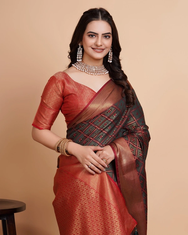 FWVLS RICH CONTRAST BANARASI JAQUARD SILK SAREE - Blue Charcoal (Check Sequins)