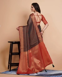 FWVLS RICH CONTRAST BANARASI JAQUARD SILK SAREE - Blue Charcoal (Check Sequins)
