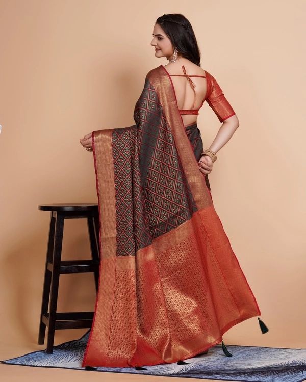 FWVLS RICH CONTRAST BANARASI JAQUARD SILK SAREE - Blue Charcoal (Check Sequins)
