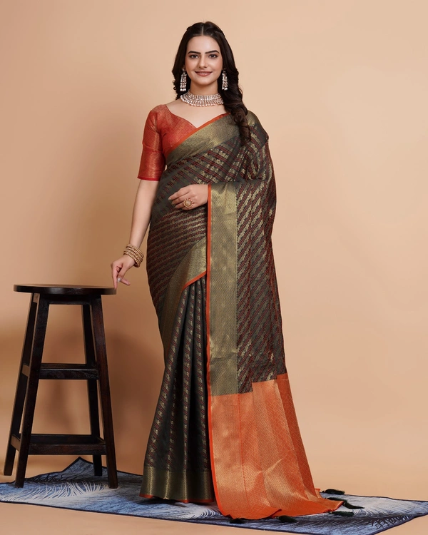 FWVLS RICH CONTRAST BANARASI JAQUARD SILK SAREE - Blue Charcoal (Line Sequins)