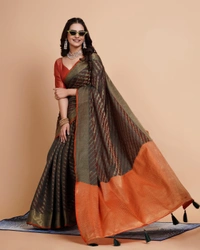 FWVLS RICH CONTRAST BANARASI JAQUARD SILK SAREE - Blue Charcoal (Line Sequins)
