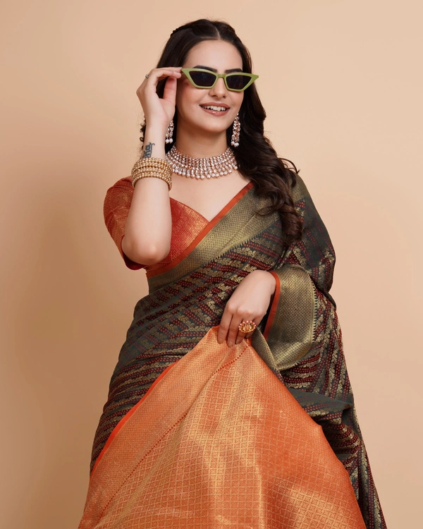 FWVLS RICH CONTRAST BANARASI JAQUARD SILK SAREE - Blue Charcoal (Line Sequins)