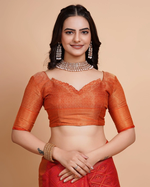 FWVLS RICH CONTRAST BANARASI JAQUARD SILK SAREE - Orange Red (Check Sequins)