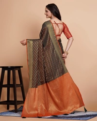 FWVLS RICH CONTRAST BANARASI JAQUARD SILK SAREE - Blue Charcoal (Line Sequins)
