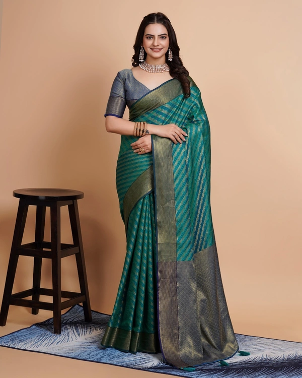 FWVLS RICH CONTRAST BANARASI JAQUARD SILK SAREE - Aqua Blue (Line Sequins)