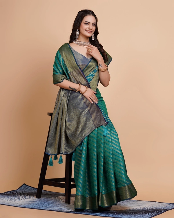 FWVLS RICH CONTRAST BANARASI JAQUARD SILK SAREE - Aqua Blue (Line Sequins)