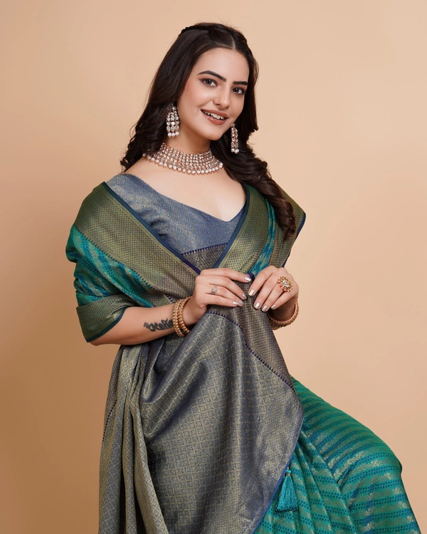FWVLS RICH CONTRAST BANARASI JAQUARD SILK SAREE - Aqua Blue (Line Sequins)