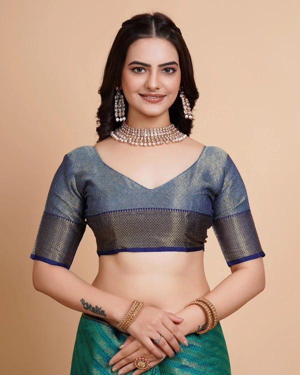 FWVLS RICH CONTRAST BANARASI JAQUARD SILK SAREE - Aqua Blue (Line Sequins)
